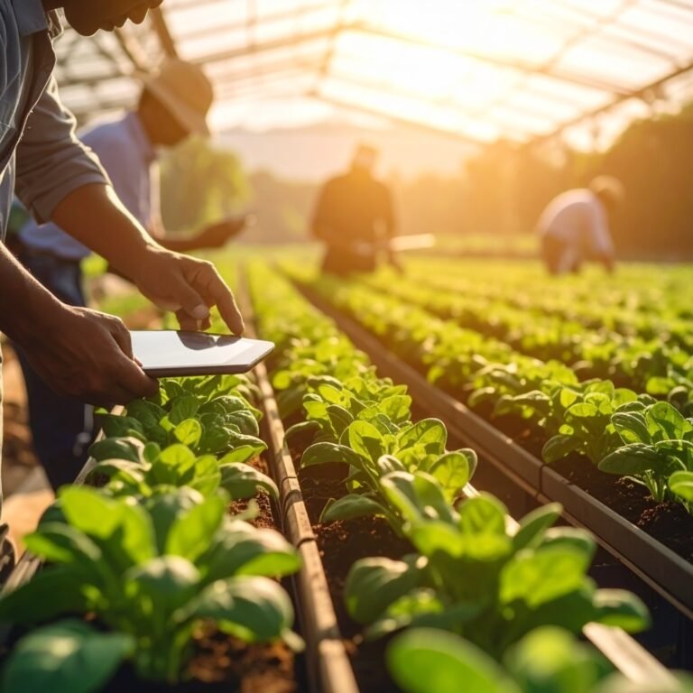 Farmer using a digital tablet to monitor leafy green crops in a greenhouse with sunlight, symbolizing smart farming and precision agriculture in India.