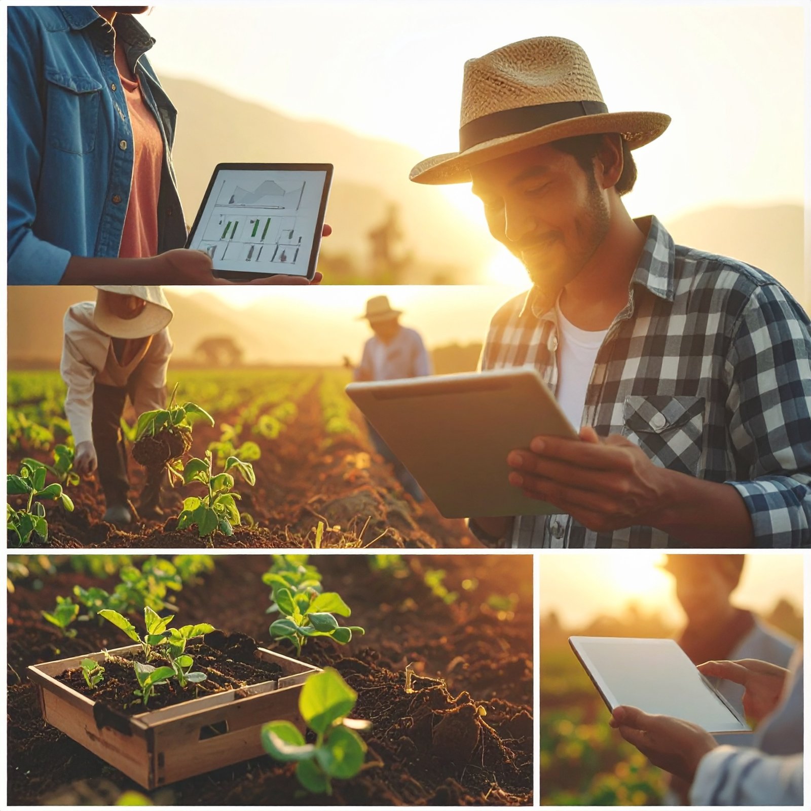 Indian farmers using digital tablets in agricultural fields to monitor crop growth and analyze data, representing modern agriculture technology and smart farming practices.
